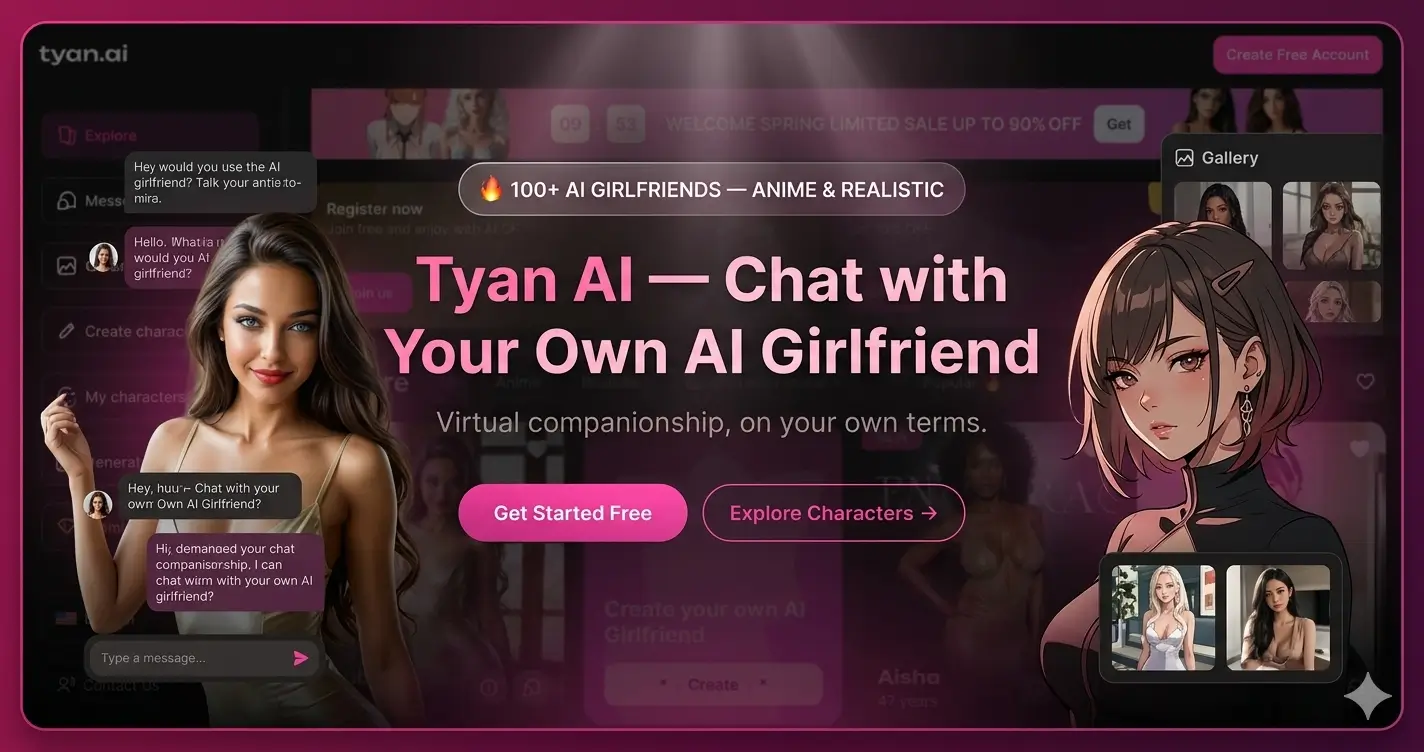 Tyan AI platform featuring anime and realistic AI girlfriend characters to chat with online